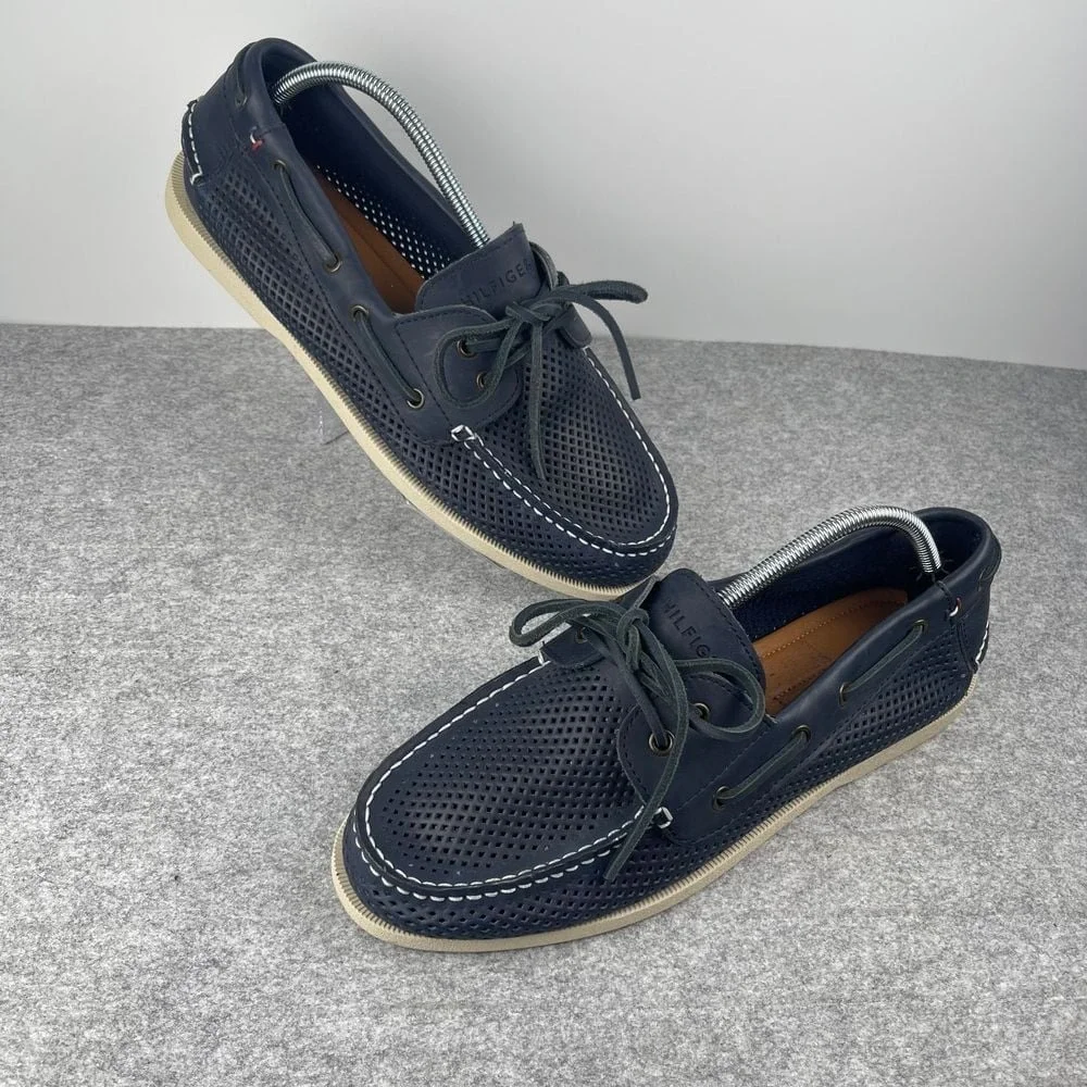 Tommy Hilfiger men's 10.5 navy blue and white boat shoes, deck loafers, leather